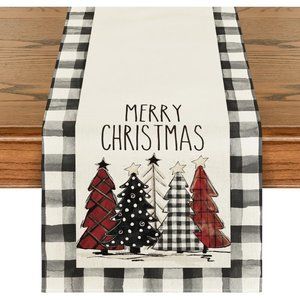 13 x 72 Inch Waterclor Buffalo Plaid Christmas Trees Table Runner Home Decor